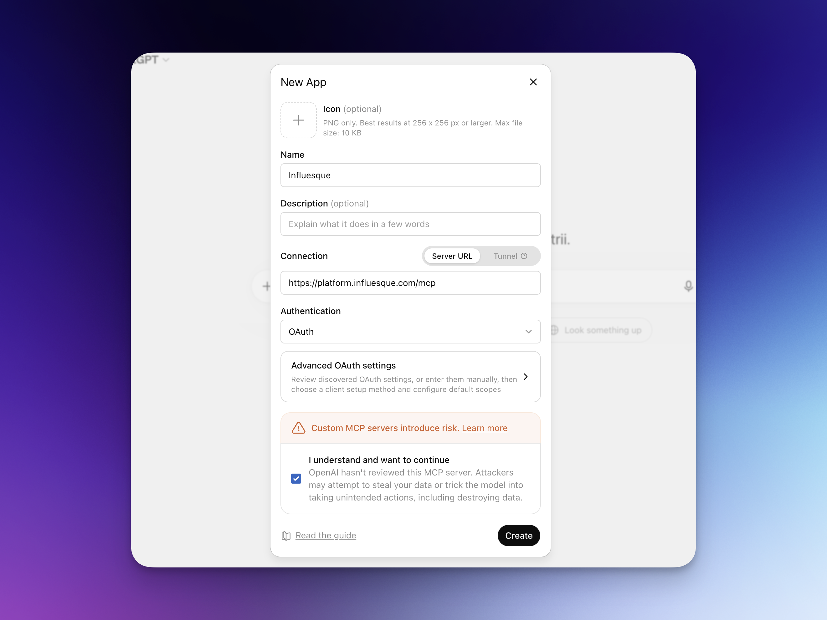 The New App dialog in ChatGPT Developer mode