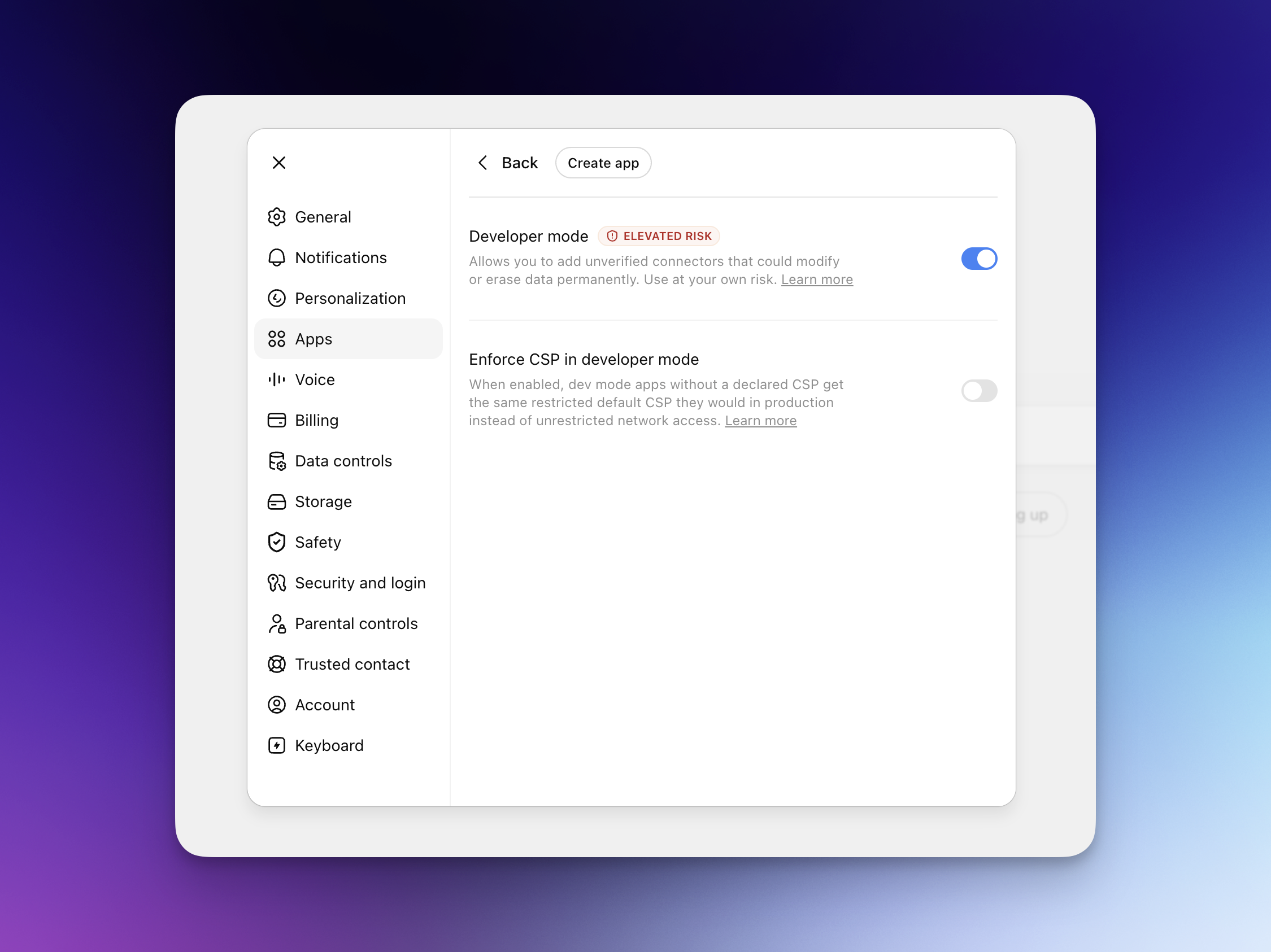 Turning on Developer mode in ChatGPT settings