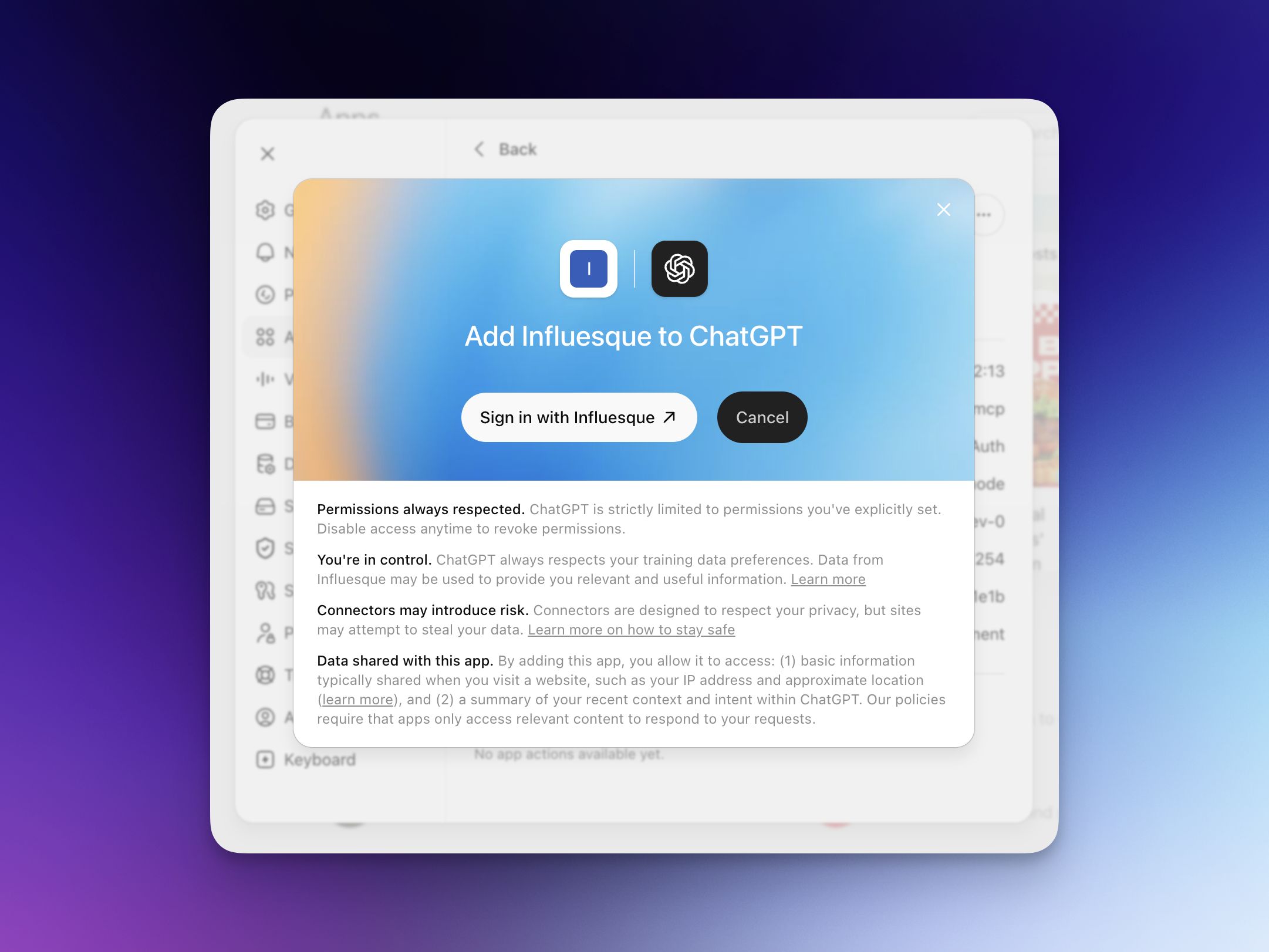 The Add Influesque to ChatGPT sign-in screen