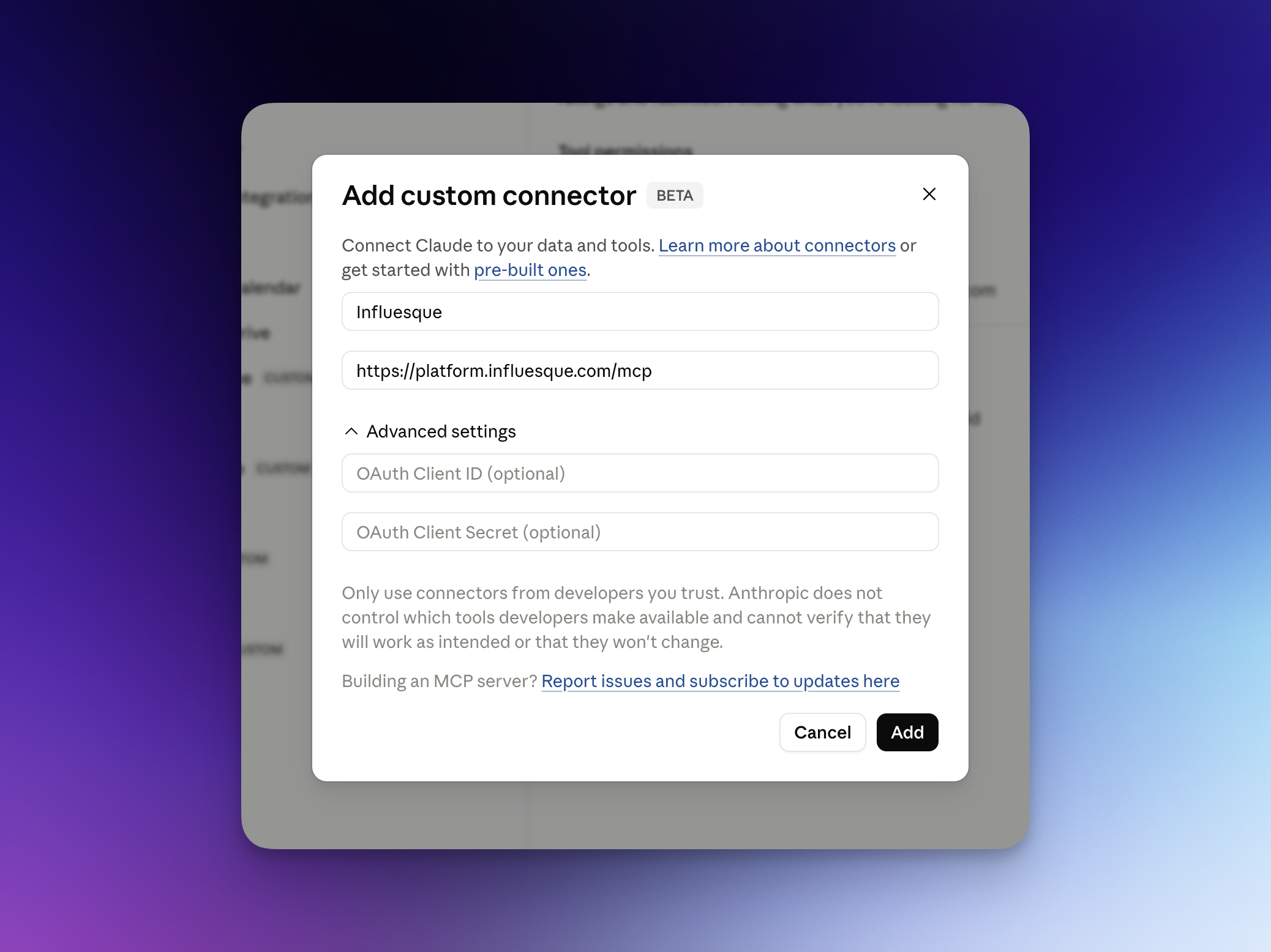 Adding Influesque as a custom connector in Claude