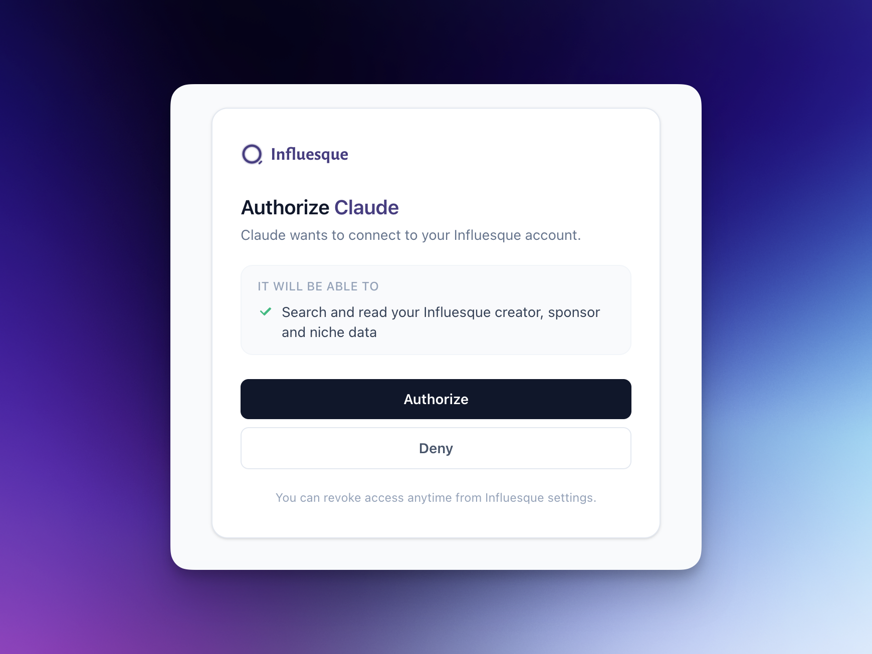 The Influesque authorization screen