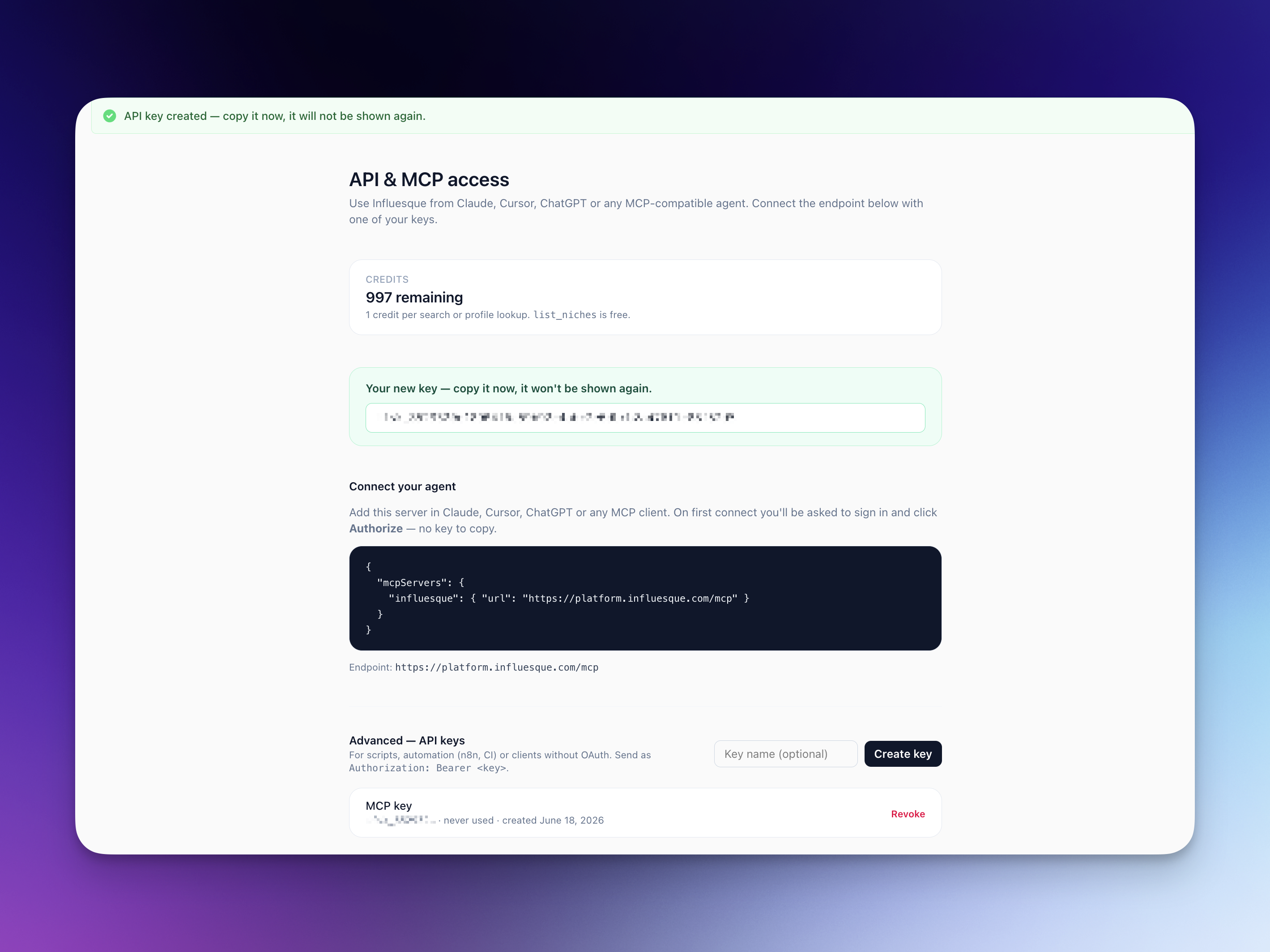 The API & MCP access page in the Influesque app